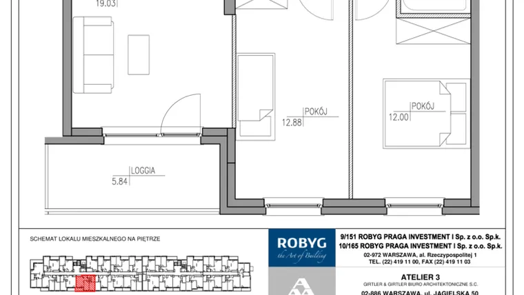 Rzut - Mieszkanie na sprzedaż 3 pokoje o powierzchni 59,55 m² - numer MU/2/D/1/8 w Mój Ursus etap 2