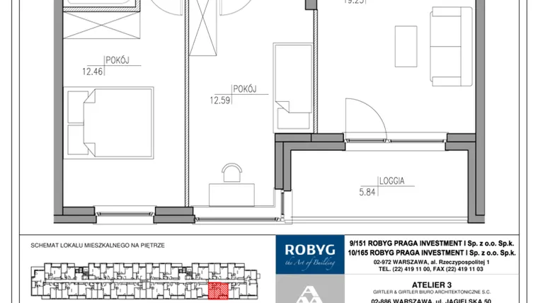 Rzut - Mieszkanie na sprzedaż 3 pokoje o powierzchni 58,76 m² - numer MU/2/E/3/6 w Mój Ursus etap 2
