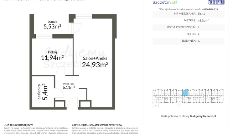 Rzut - Mieszkanie na sprzedaż 2 pokoje o powierzchni 48,65 m² - numer D1.3.2 w Pomorzany Park