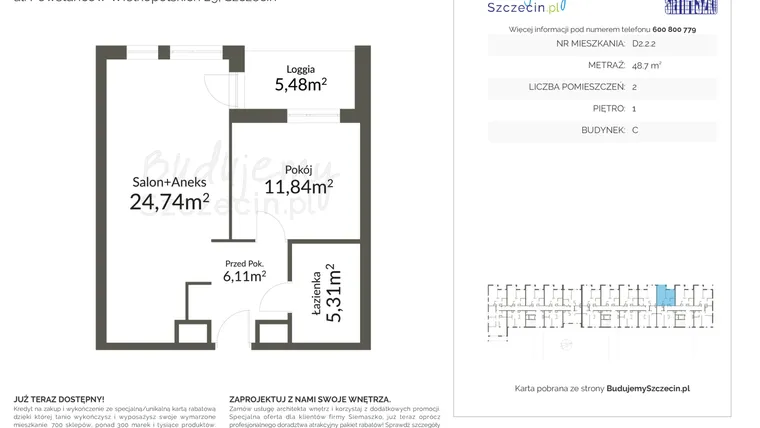 Rzut - Mieszkanie na sprzedaż 2 pokoje o powierzchni 48,7 m² - numer D2.2.2 w Pomorzany Park