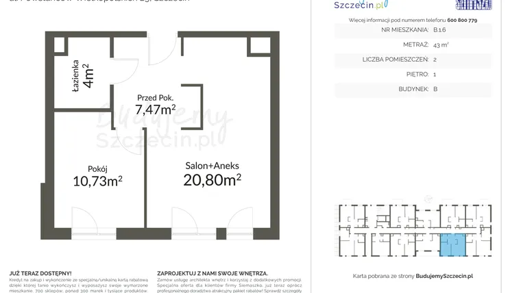 Rzut - Mieszkanie na sprzedaż 2 pokoje o powierzchni 43 m² - numer B.1.6 w Pomorzany Park
