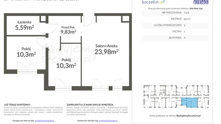 Rzut - Mieszkanie na sprzedaż 3 pokoje o powierzchni 60 m² - numer A.1.6 w Pomorzany Park