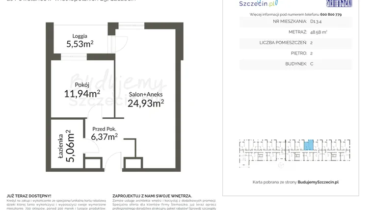 Rzut - Mieszkanie na sprzedaż 2 pokoje o powierzchni 48,58 m² - numer D1.3.4 w Pomorzany Park