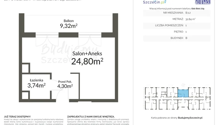 Rzut - Mieszkanie na sprzedaż 1 pokój o powierzchni 32,84 m² - numer B.1.2 w Pomorzany Park