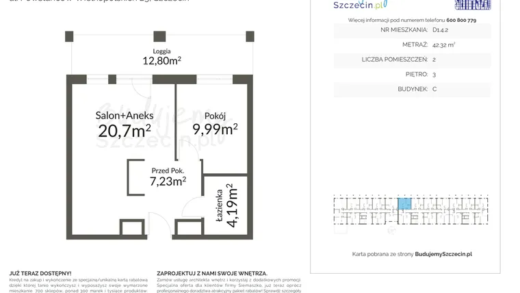 Rzut - Mieszkanie na sprzedaż 2 pokoje o powierzchni 42,32 m² - numer D1.4.2 w Pomorzany Park