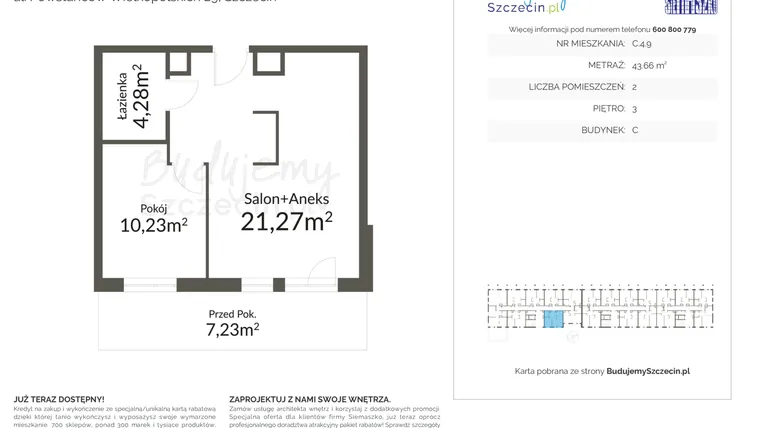 Rzut - Mieszkanie na sprzedaż 2 pokoje o powierzchni 43,66 m² - numer C.4.9 w Pomorzany Park