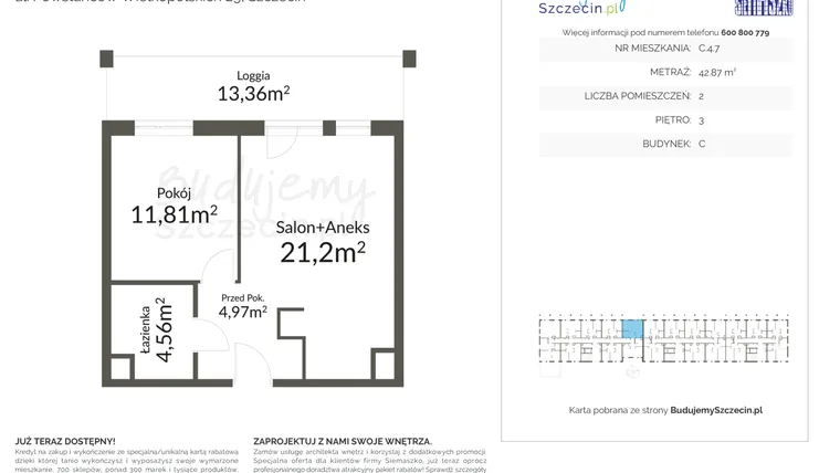 Rzut - Mieszkanie na sprzedaż 2 pokoje o powierzchni 42,87 m² - numer C.4.7 w Pomorzany Park