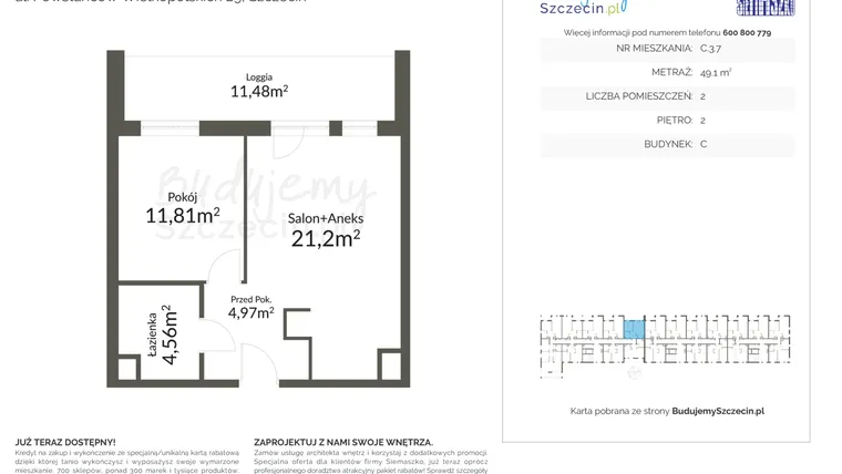 Rzut - Mieszkanie na sprzedaż 2 pokoje o powierzchni 49,1 m² - numer C.3.7 w Pomorzany Park