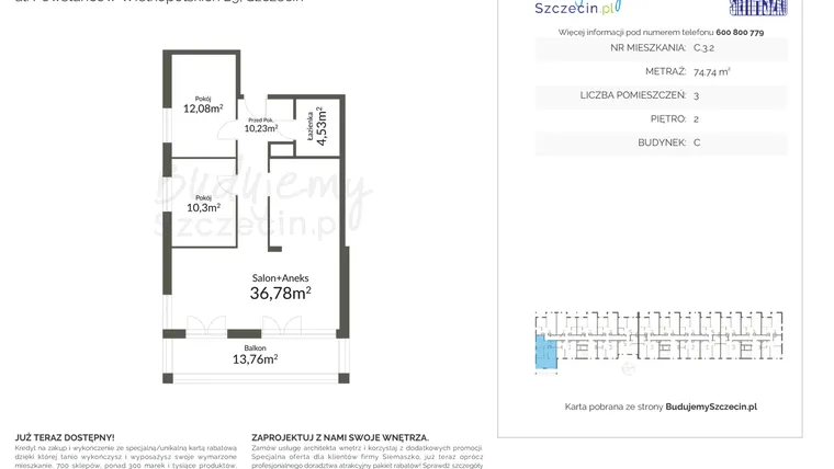Rzut - Mieszkanie na sprzedaż 3 pokoje o powierzchni 74,74 m² - numer C.3.2 w Pomorzany Park
