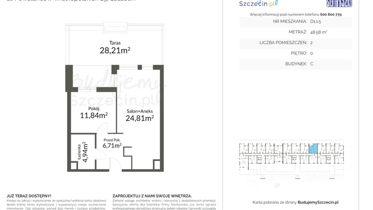 Rzut - Mieszkanie na sprzedaż 2 pokoje o powierzchni 48,58 m² - numer D1.1.5 w Pomorzany Park