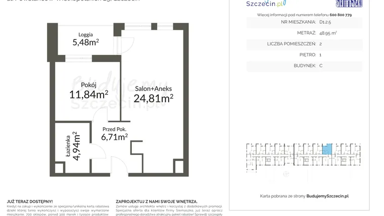 Rzut - Mieszkanie na sprzedaż 2 pokoje o powierzchni 48,95 m² - numer D1.2.5 w Pomorzany Park