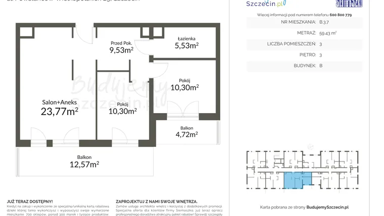 Rzut - Mieszkanie na sprzedaż 3 pokoje o powierzchni 59,43 m² - numer B.3.7 w Pomorzany Park