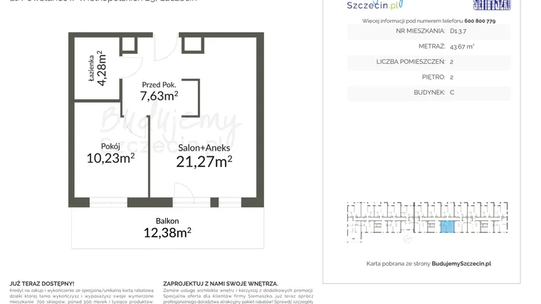 Rzut - Mieszkanie na sprzedaż 2 pokoje o powierzchni 43,67 m² - numer D1.3.7 w Pomorzany Park