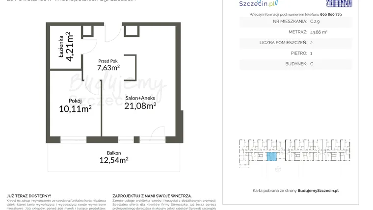 Rzut - Mieszkanie na sprzedaż 2 pokoje o powierzchni 43,66 m² - numer C.2.9 w Pomorzany Park
