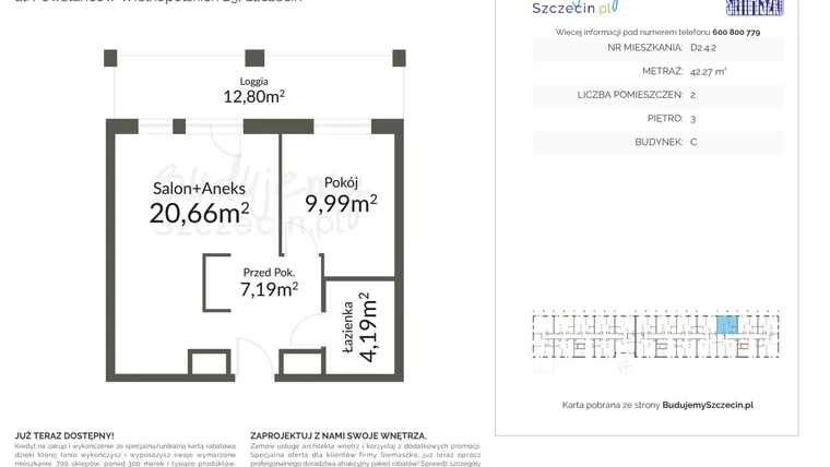 Rzut - Mieszkanie na sprzedaż 2 pokoje o powierzchni 42,27 m² - numer D2.4.2 w Pomorzany Park
