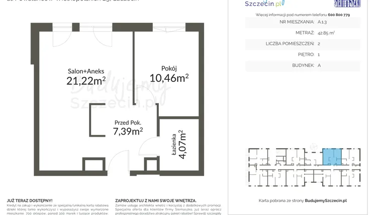 Rzut - Mieszkanie na sprzedaż 2 pokoje o powierzchni 42,85 m² - numer A.1.3 w Pomorzany Park
