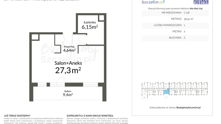 Rzut - Mieszkanie na sprzedaż 1 pokój o powierzchni 38,41 m² - numer C.3.8 w Pomorzany Park