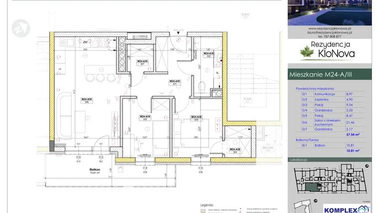 Rzut - Mieszkanie na sprzedaż 3 pokoje o powierzchni 57,54 m² - numer M24-A/3 w Rezydencja Klonowa