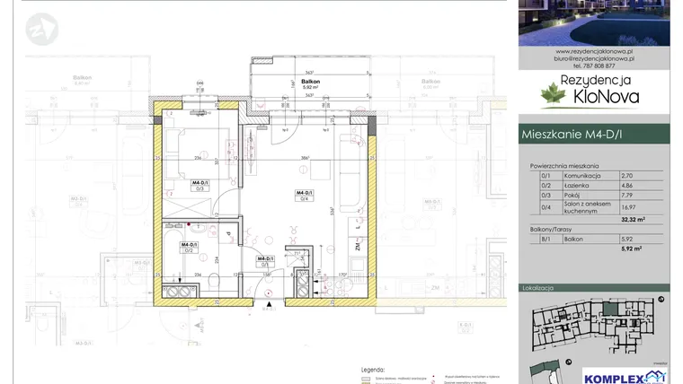 Rzut - Mieszkanie na sprzedaż 2 pokoje o powierzchni 32,32 m² - numer M4-D/1 w Rezydencja Klonowa