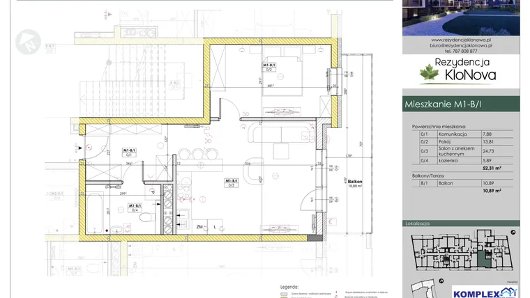 Rzut - Mieszkanie na sprzedaż 2 pokoje o powierzchni 52,31 m² - numer M1-B/1 w Rezydencja Klonowa