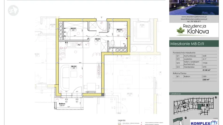 Rzut - Mieszkanie na sprzedaż 1 pokój o powierzchni 31,52 m² - numer M8-D/2 w Rezydencja Klonowa