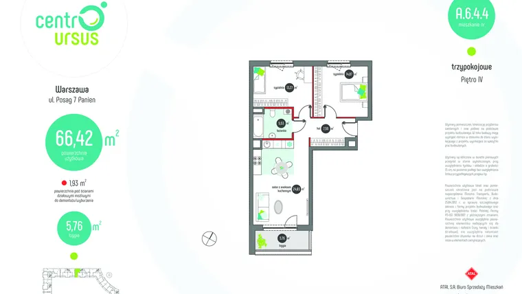 Rzut - Mieszkanie na sprzedaż 3 pokoje o powierzchni 66,42 m² - numer A.6.4.4 w Centro Ursus