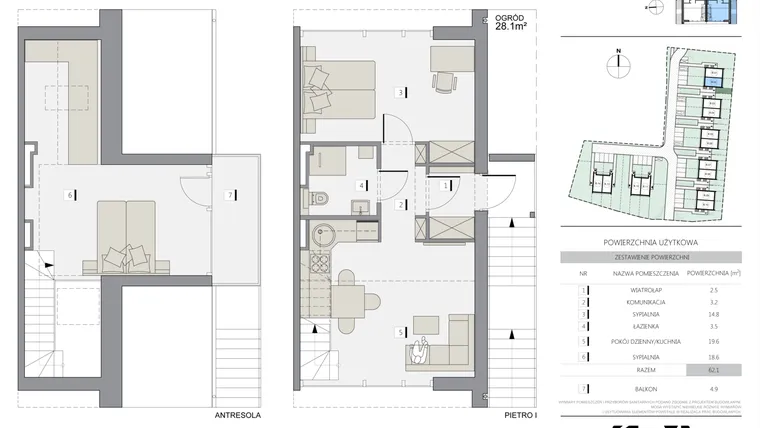 Rzut - Mieszkanie na sprzedaż 3 pokoje o powierzchni 62,1 m² - numer 2B w Apartamenty Cechowa - III etap