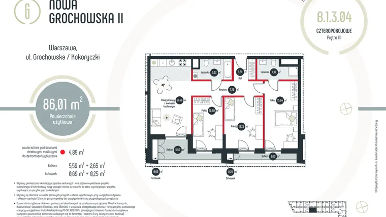 Rzut - Mieszkanie na sprzedaż 4 pokoje o powierzchni 86,15 m² - numer B.1.3.04 w Nowa Grochowska