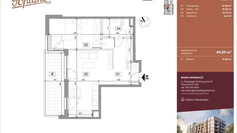 Rzut - Mieszkanie na sprzedaż 2 pokoje o powierzchni 49,89 m² - numer A24 w Goplana