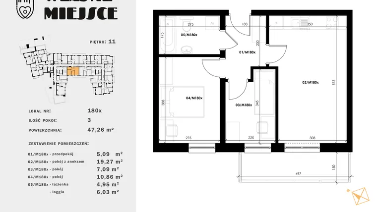 Rzut - Mieszkanie na sprzedaż 3 pokoje o powierzchni 47,26 m² - numer 180x w Własne Miejsce
