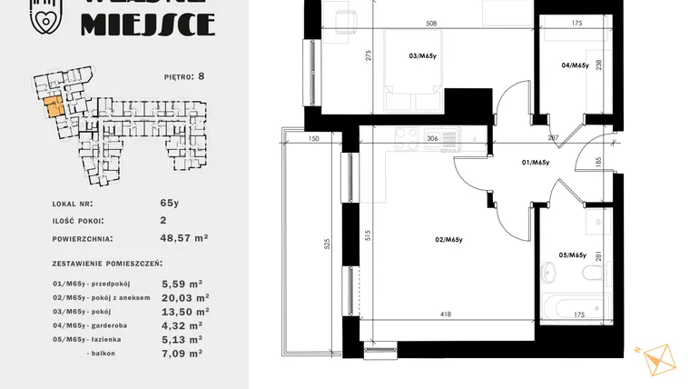 Rzut - Mieszkanie na sprzedaż 2 pokoje o powierzchni 48,57 m² - numer 65y w Własne Miejsce