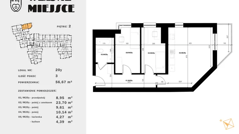 Rzut - Mieszkanie na sprzedaż 3 pokoje o powierzchni 56,67 m² - numer 20y w Własne Miejsce
