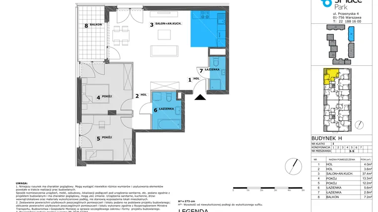 Rzut - Mieszkanie na sprzedaż 3 pokoje o powierzchni 78,9 m² - numer H.I.5.5 w sPlace Park