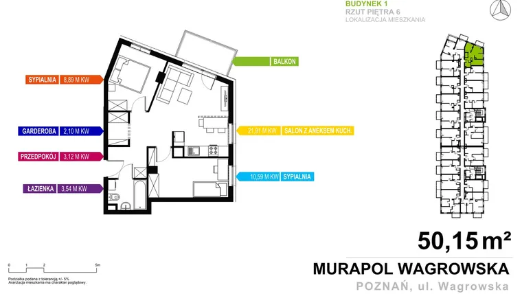 Rzut - Mieszkanie na sprzedaż 3 pokoje o powierzchni 50,15 m² - numer 1.A.6.8 w Murapol Nowe Miasto
