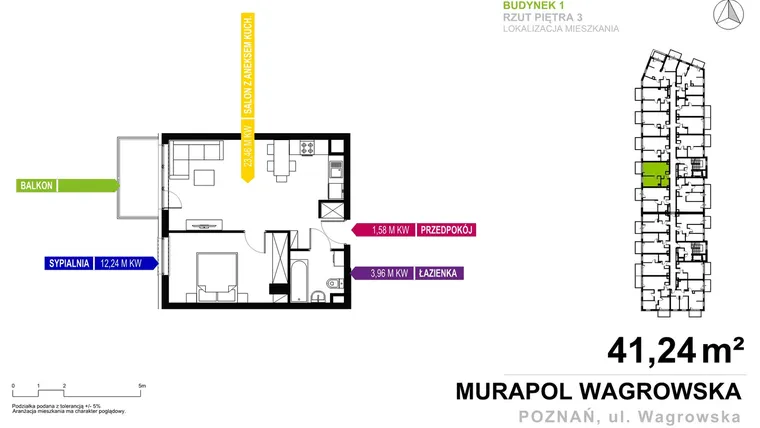 Rzut - Mieszkanie na sprzedaż 2 pokoje o powierzchni 41,24 m² - numer 1.A.3.3 w Murapol Nowe Miasto