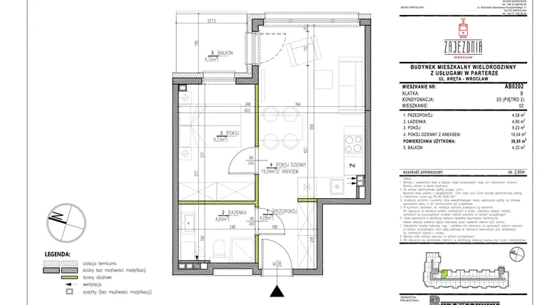 Rzut - Mieszkanie na sprzedaż 2 pokoje o powierzchni 37 m² - numer AB0202 w Zajezdnia Wrocław