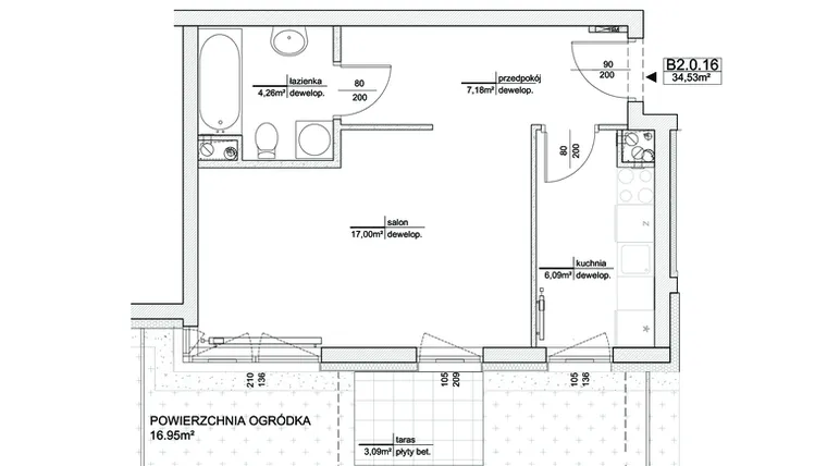 Rzut - Mieszkanie na sprzedaż 1 pokój o powierzchni 34,53 m² - numer B2.0.16 w Bluszczowa 15 - II Etap