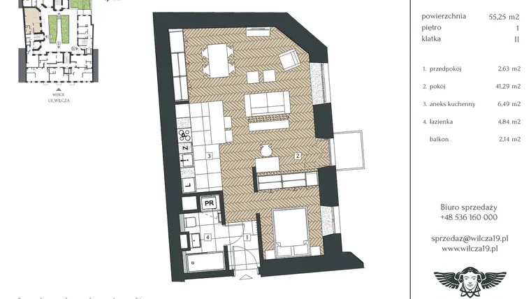 Rzut - Mieszkanie na sprzedaż 2 pokoje o powierzchni 55,25 m² - numer 1.7 w Kamienica Wilcza 19