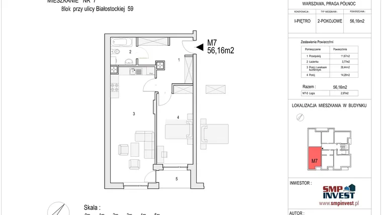 Rzut - Mieszkanie na sprzedaż 2 pokoje o powierzchni 56,16 m² - numer M-7 w Białostocka 59