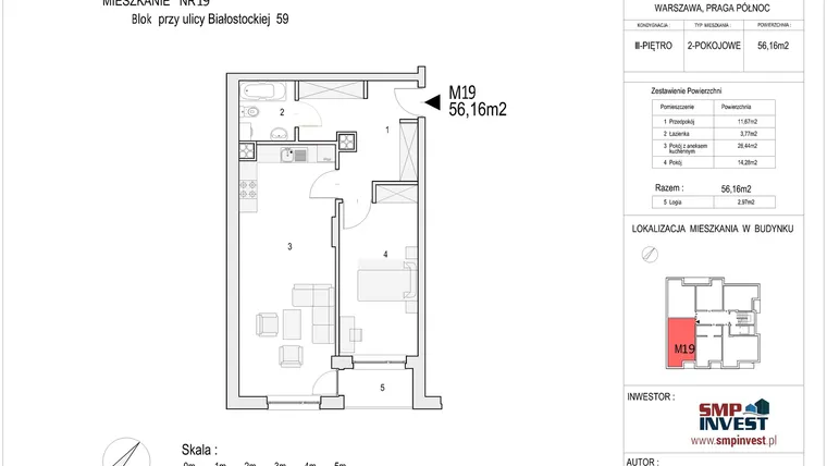 Rzut - Mieszkanie na sprzedaż 2 pokoje o powierzchni 56,16 m² - numer M-19 w Białostocka 59