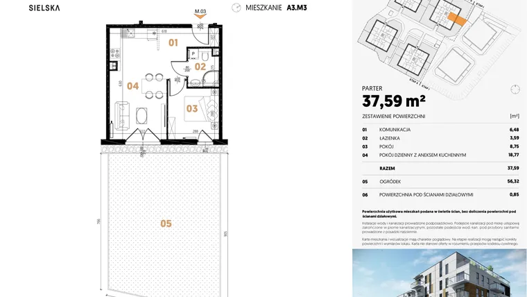 Rzut - Mieszkanie na sprzedaż 2 pokoje o powierzchni 37,59 m² - numer A3.M3 w JA_SIELSKA II