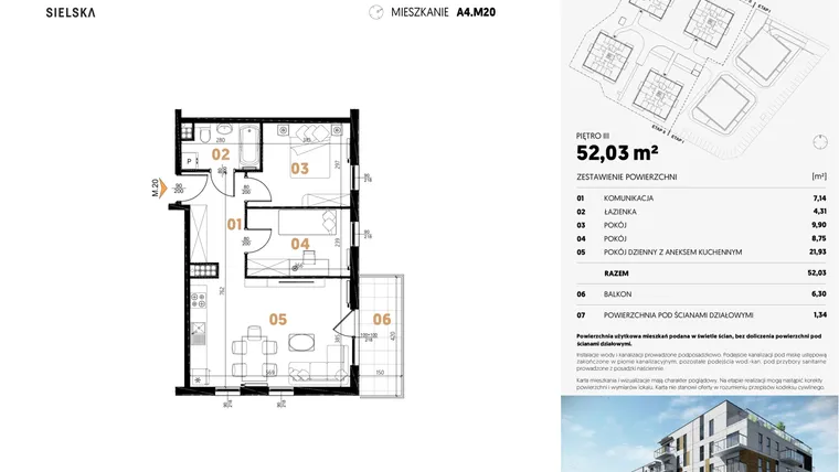 Rzut - Mieszkanie na sprzedaż 3 pokoje o powierzchni 52,03 m² - numer A4.M20 w JA_SIELSKA II
