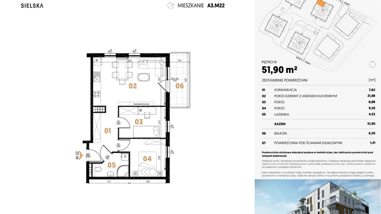 Rzut - Mieszkanie na sprzedaż 3 pokoje o powierzchni 51,9 m² - numer A3.M22 w JA_SIELSKA II