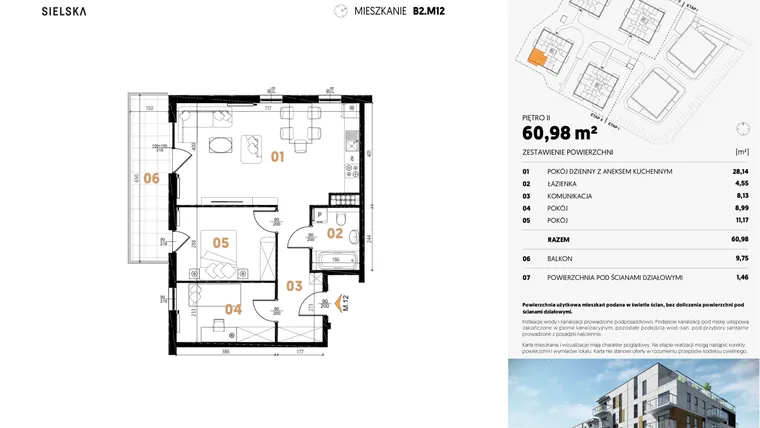 Rzut - Mieszkanie na sprzedaż 3 pokoje o powierzchni 60,9 m² - numer B2.M12 w JA_SIELSKA II