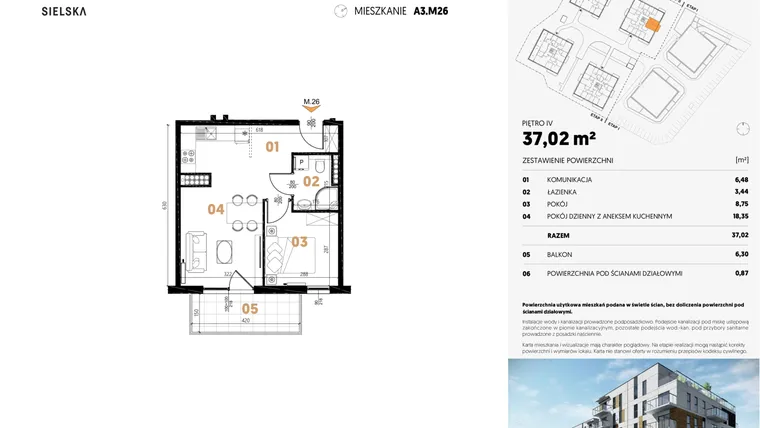 Rzut - Mieszkanie na sprzedaż 2 pokoje o powierzchni 36,92 m² - numer A3.M26 w JA_SIELSKA II