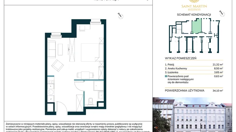 Rzut - Mieszkanie na sprzedaż 1 pokój o powierzchni 34,9 m² - numer 3.9 w Saint Martin Residences