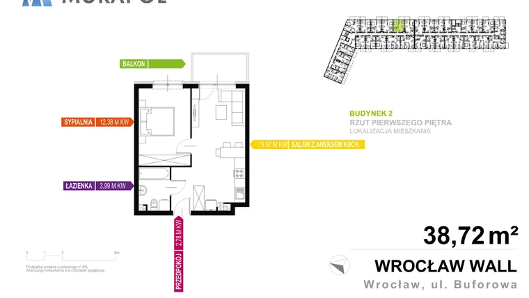 Rzut - Mieszkanie na sprzedaż 2 pokoje o powierzchni 38,72 m² - numer 2.A.1.05 w Murapol Zielona Toskania