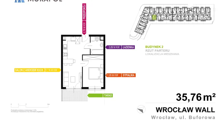 Rzut - Mieszkanie na sprzedaż 2 pokoje o powierzchni 35,76 m² - numer 2.A.0.10 w Murapol Zielona Toskania
