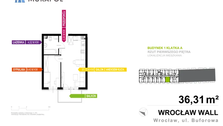 Rzut - Mieszkanie na sprzedaż 2 pokoje o powierzchni 36,31 m² - numer 1.A.1.07 w Murapol Zielona Toskania