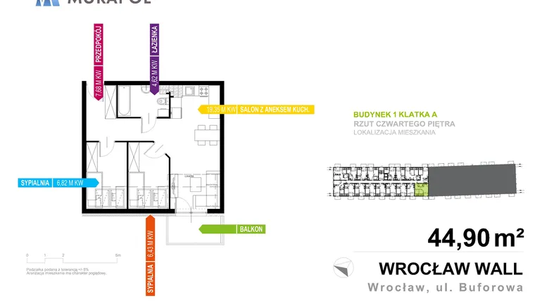 Rzut - Mieszkanie na sprzedaż 3 pokoje o powierzchni 44,9 m² - numer 1.A.4.05 w Murapol Zielona Toskania